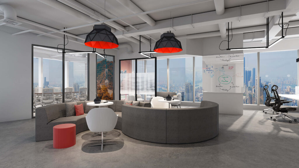 rendering of an office common area designed by EPD.