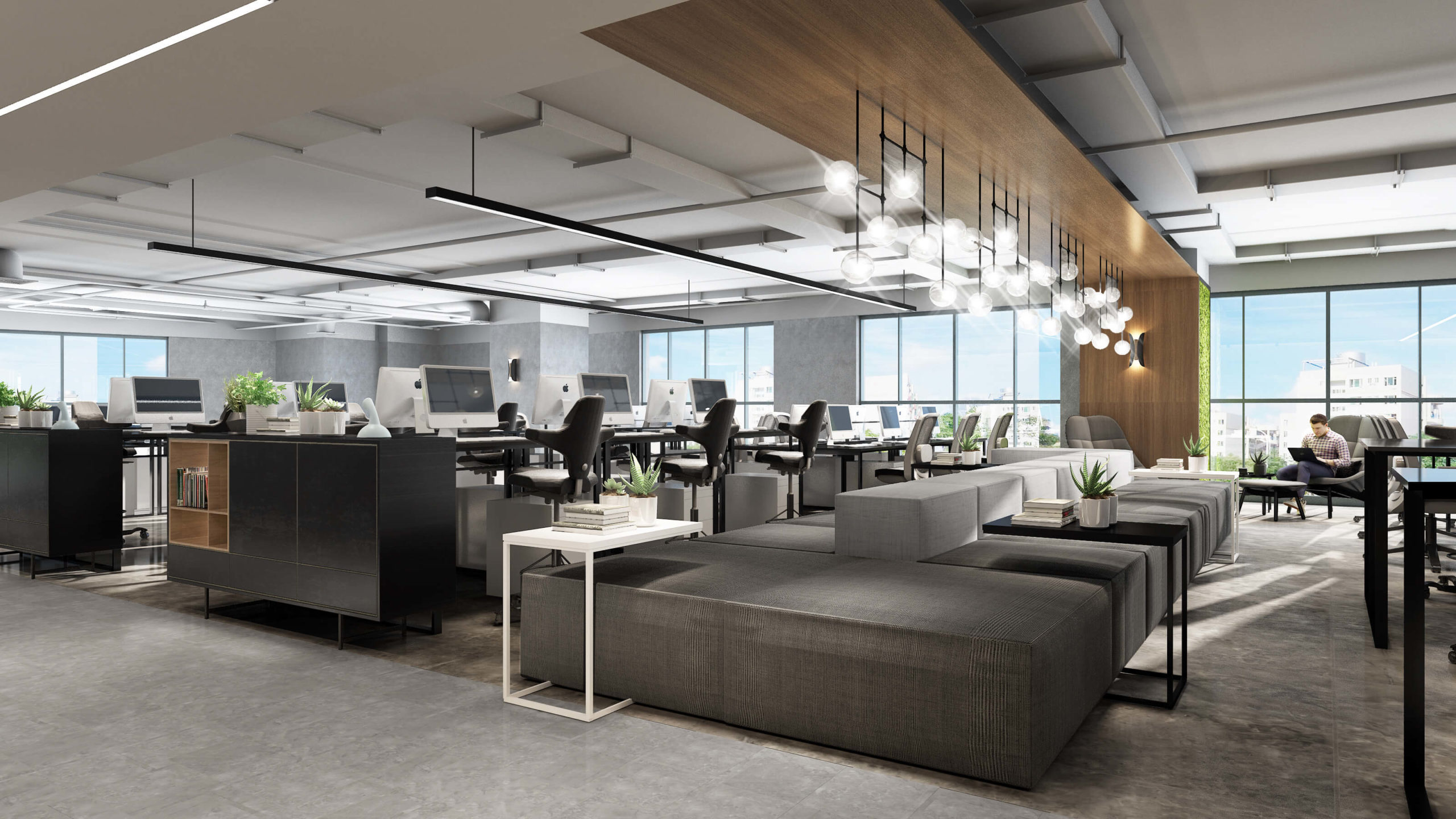 office workspace rendering with desks, chairs, and computers.