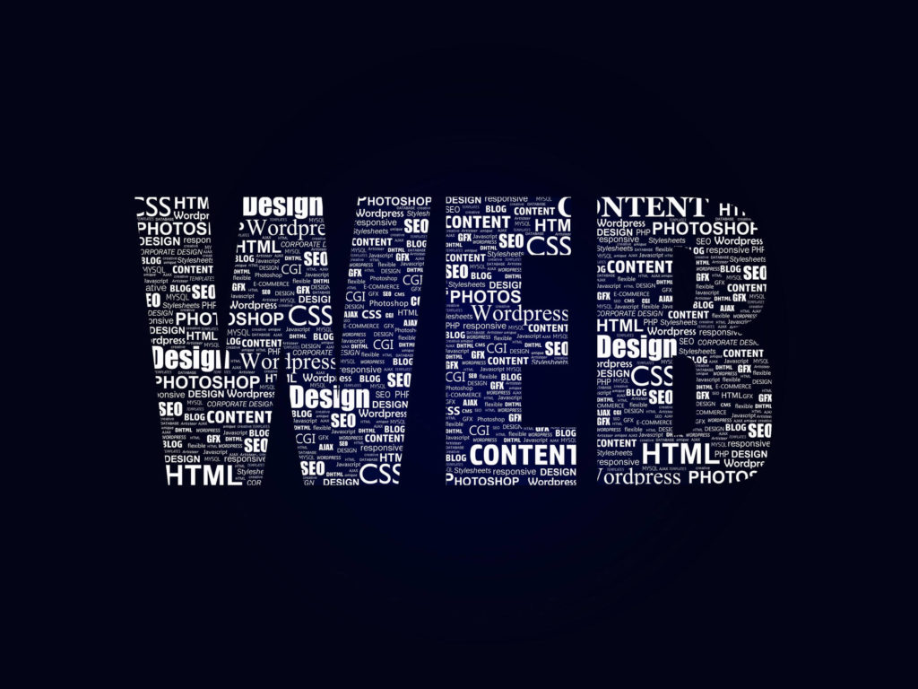 the word web make up of a collage of various web design and development words.