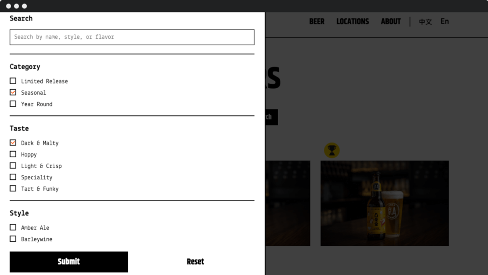 Jing-A website beer archive filters.