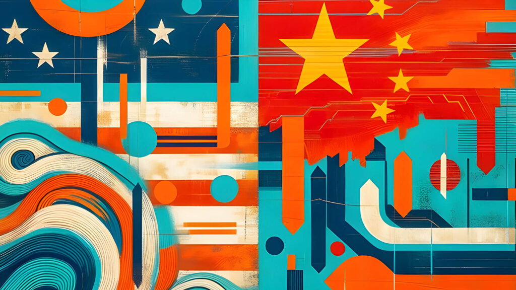 abstract digital art blending U.S. and Chinese flag elements.