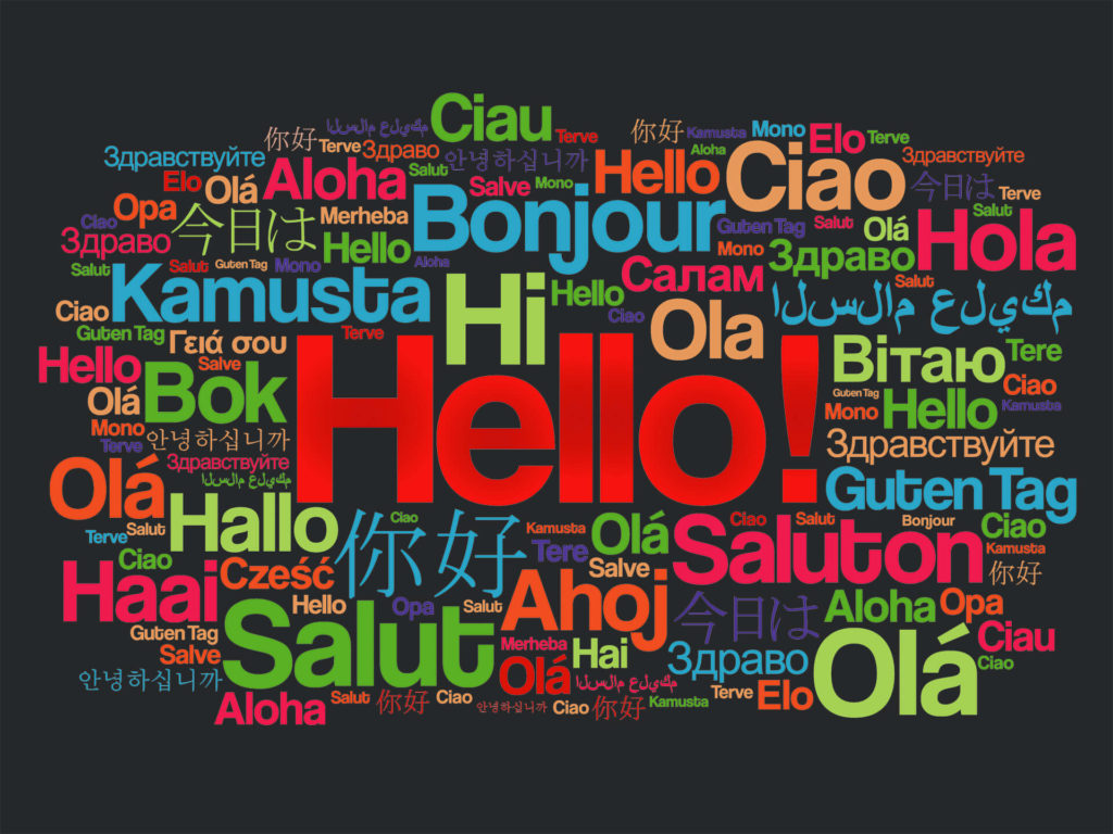collage of the word hello written in multiple languages.