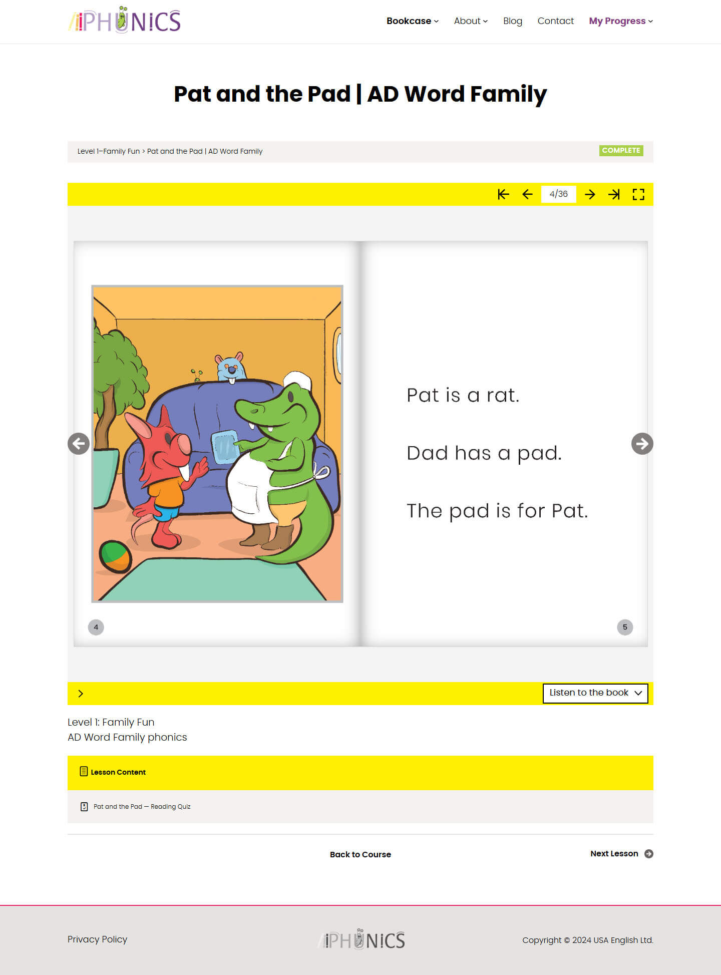 lesson page with flipbook on Phunics website.