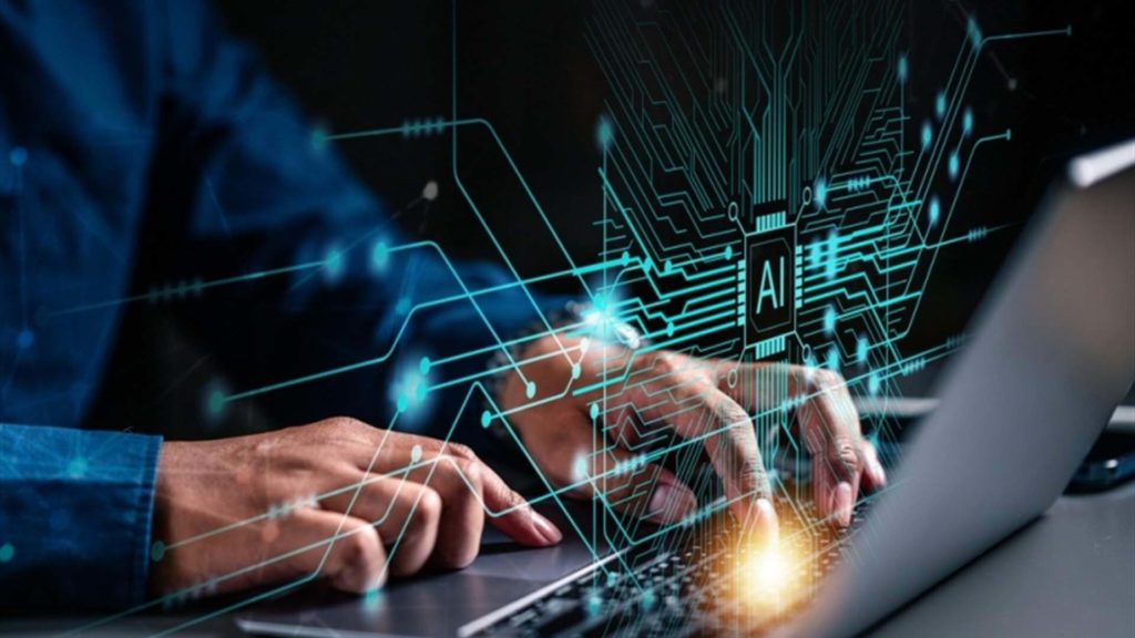 person typing on laptop with AI circuit overlay.