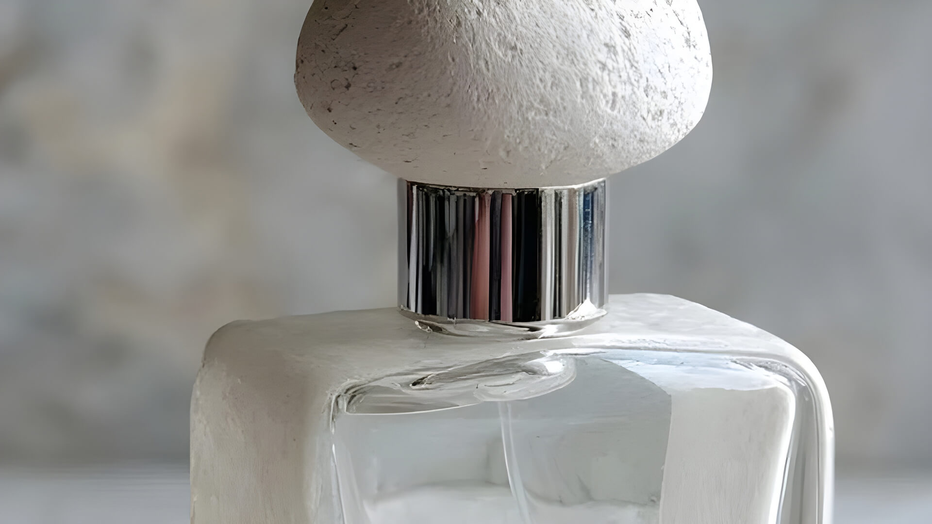 perfume bottle features a unique stone-like cap representing cloud dancer.
