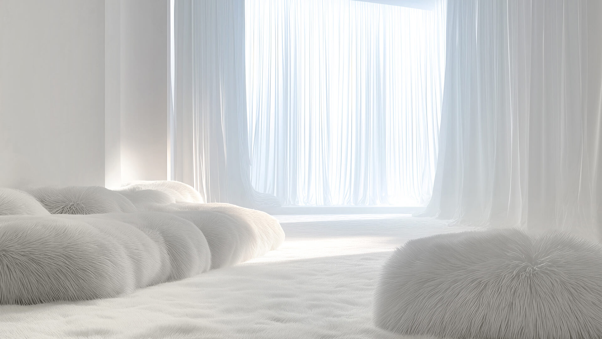 serene room bathed in soft, natural light with fluffy white rugs and cushions representing cloud dancer.